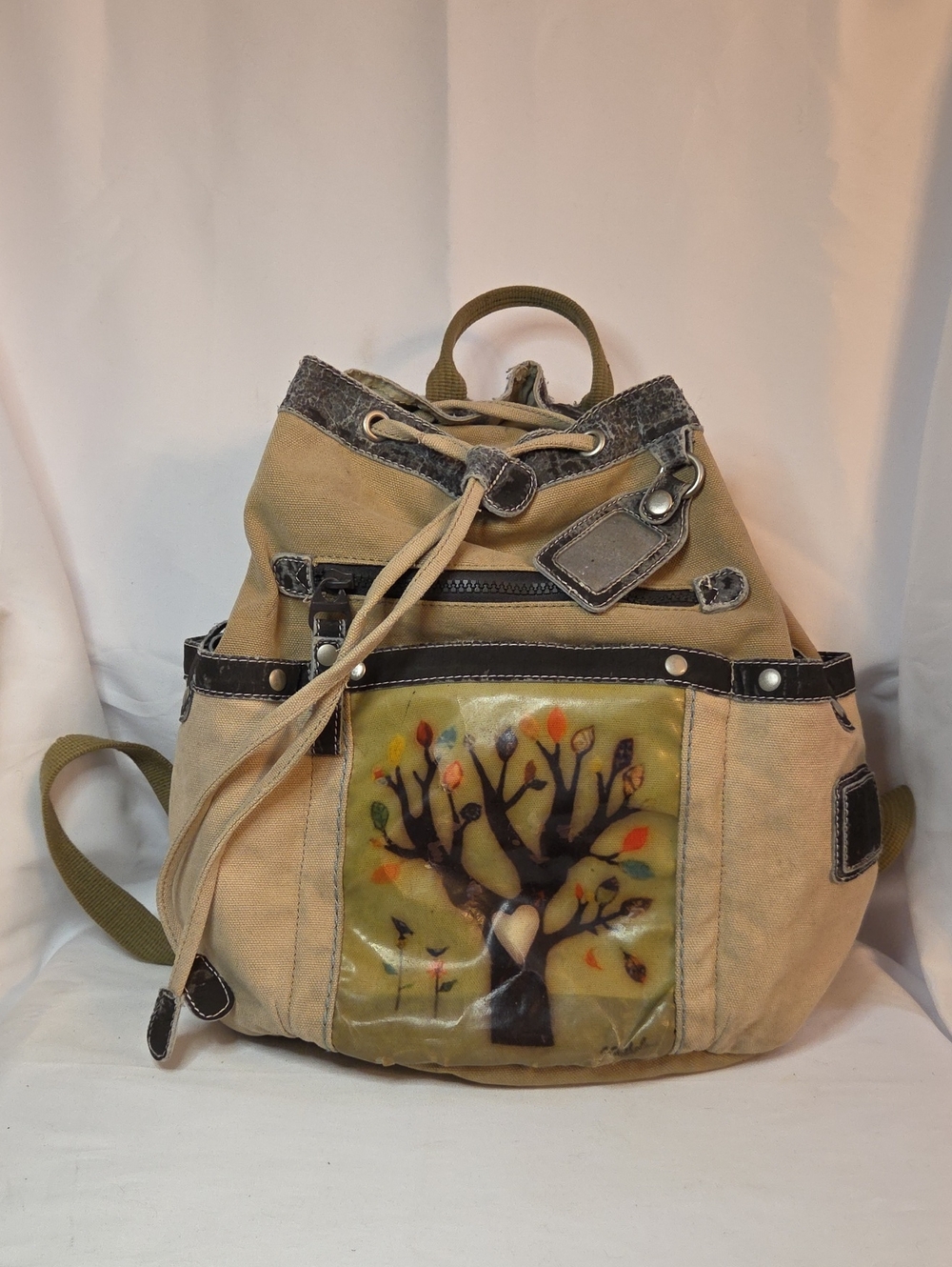 Canvas Tree-Print Drawstring Backpack - Beige